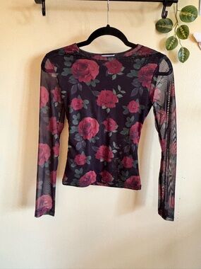 Sheer Long-Sleeve Floral Top - Black with Red Roses